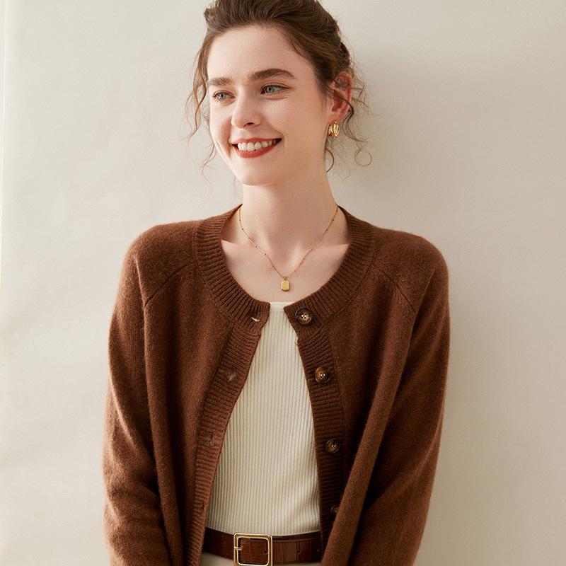 Women's Long Sleeve Korean Style Cashmere Cardigan - Thick Crew Neck, Loose Fit, Slimming Raglan Sweater
