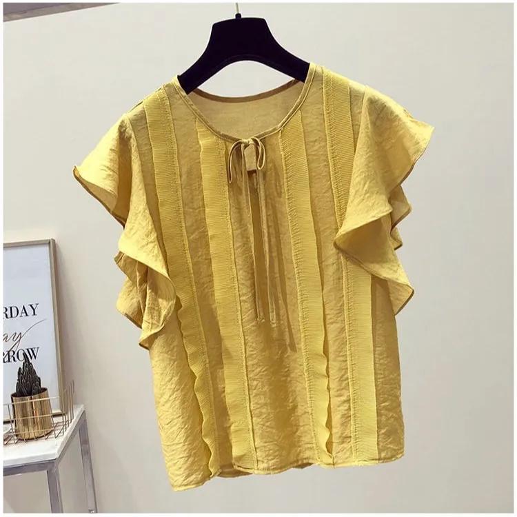 Camisa de gasa de manga corta, suelta, fresca, de color liso, de verano para mujer, top sencillo con volantes y lazo