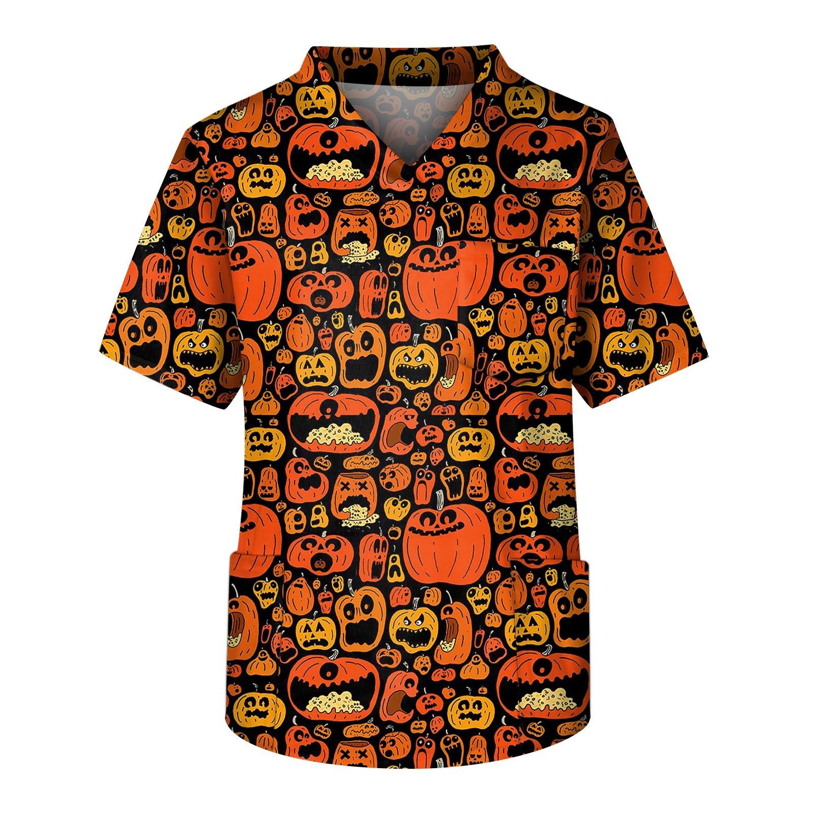 

Плюс размер Хэллоуин Печатный скраб Рабочая форма Топы для мужчин Крест V-образным вырезом с коротким рукавом Забавные футболки Спецодежда Футболка с карманами XXXXL оранжевый