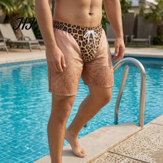 Lightweight Beachwear for Men Hairy Booty Shorts, Funny Leg Swim Trunks, 3D Pattern Beach Shorts Realistic Briefs Print Summer Pool Party Practical