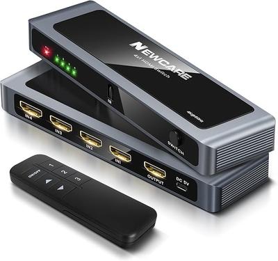 Switch HDMI NEWCARE 4K@60Hz, 4 Entradas/1 Saída, com Controle Remoto, Comutação Automática/Manual, Construção em Liga de Alumínio, Seletor HDMI 2.0, 18G
