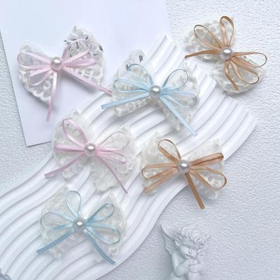 Hairpin Embroidery Lace Ribbon Bowknot Decor Hair Clip with Imitation Pearls Bangs Ponytails Buns Hair Accessories