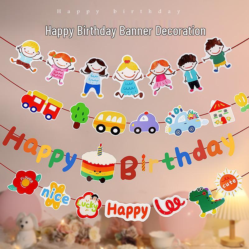 Colorful Cartoon Happy Birthday Banner for Kids' First Birthday Party Decoration