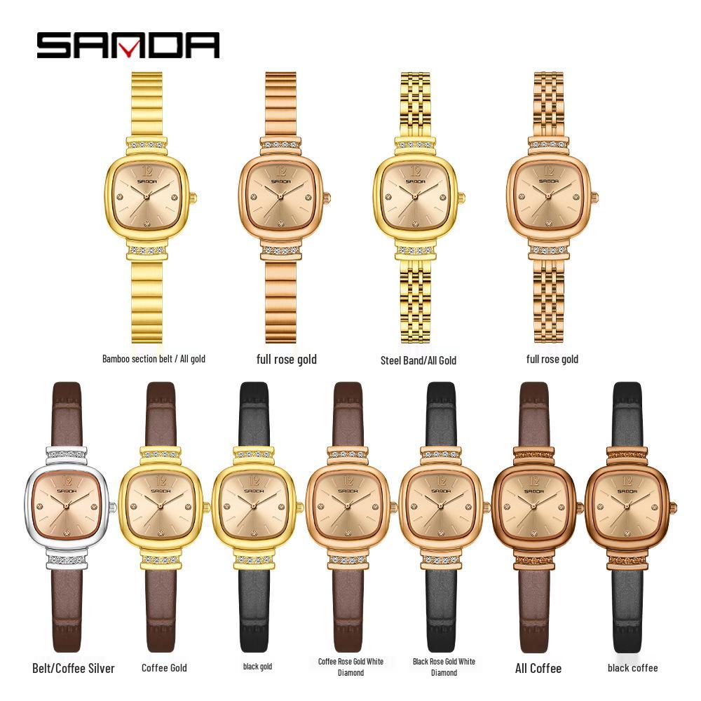 Sanda 7052 Women's Leather Strap Diamond-Accented Small Square Dial Sunburst Quartz Watch