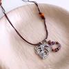 Leather Wood Beads Beaded Leaves Hollow Pendant Necklace Retro Ethnic Style Sweater Chain Simple Versatile Item Decoration