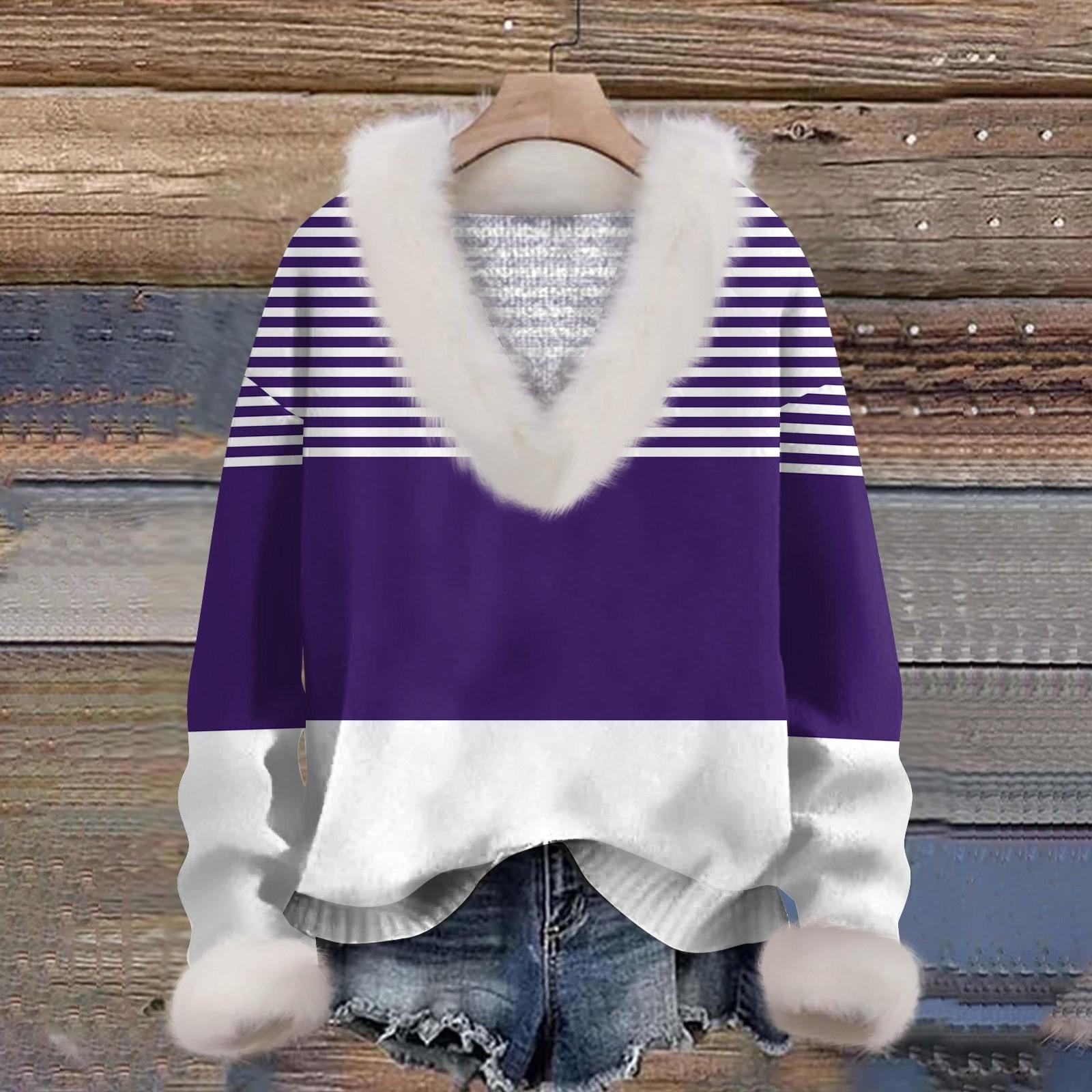 

Женская толстовка с длинным рукавом, принтом, плюшевым воротником, V-образным вырезом, пуловер XL фиолетовый