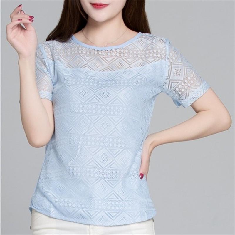 Summer Women Lace T-Shirt Lady Short-Sleeve Round-Neck T-Shirt Female Sexy Slim Fit Tee Girl Chiffon Shirt Pullover
