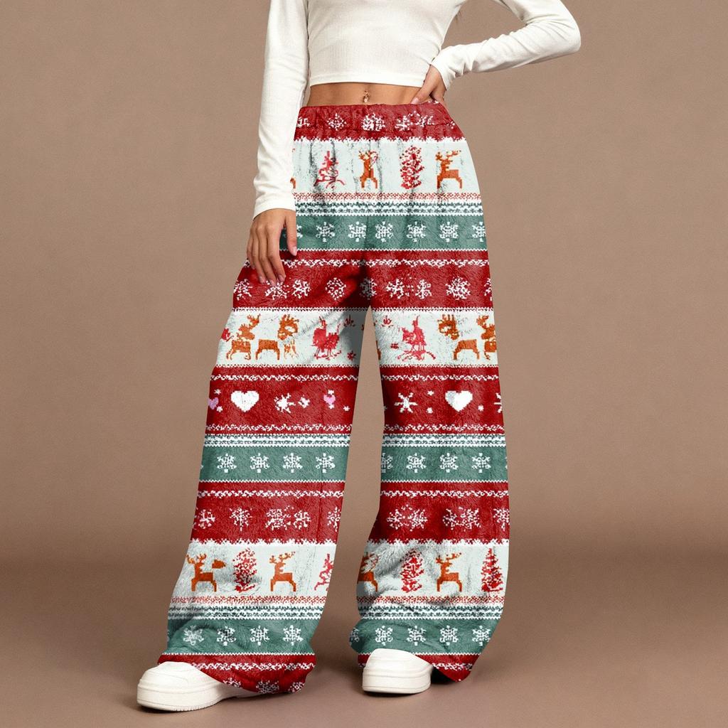 Women's Casual Fashion Christmas Print Elastic Waist Loose Plush Wide Leg Pants