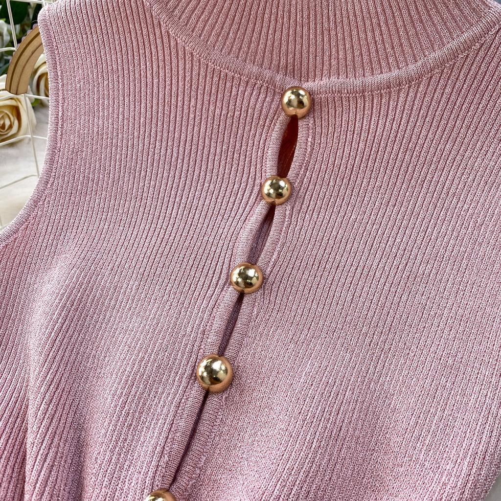 Summer Designer Solid Hollow Out Long Knitting Dress Women Elegant Half Turtleneck Sleeveless Slim Knitwear Sweater Dresses Female