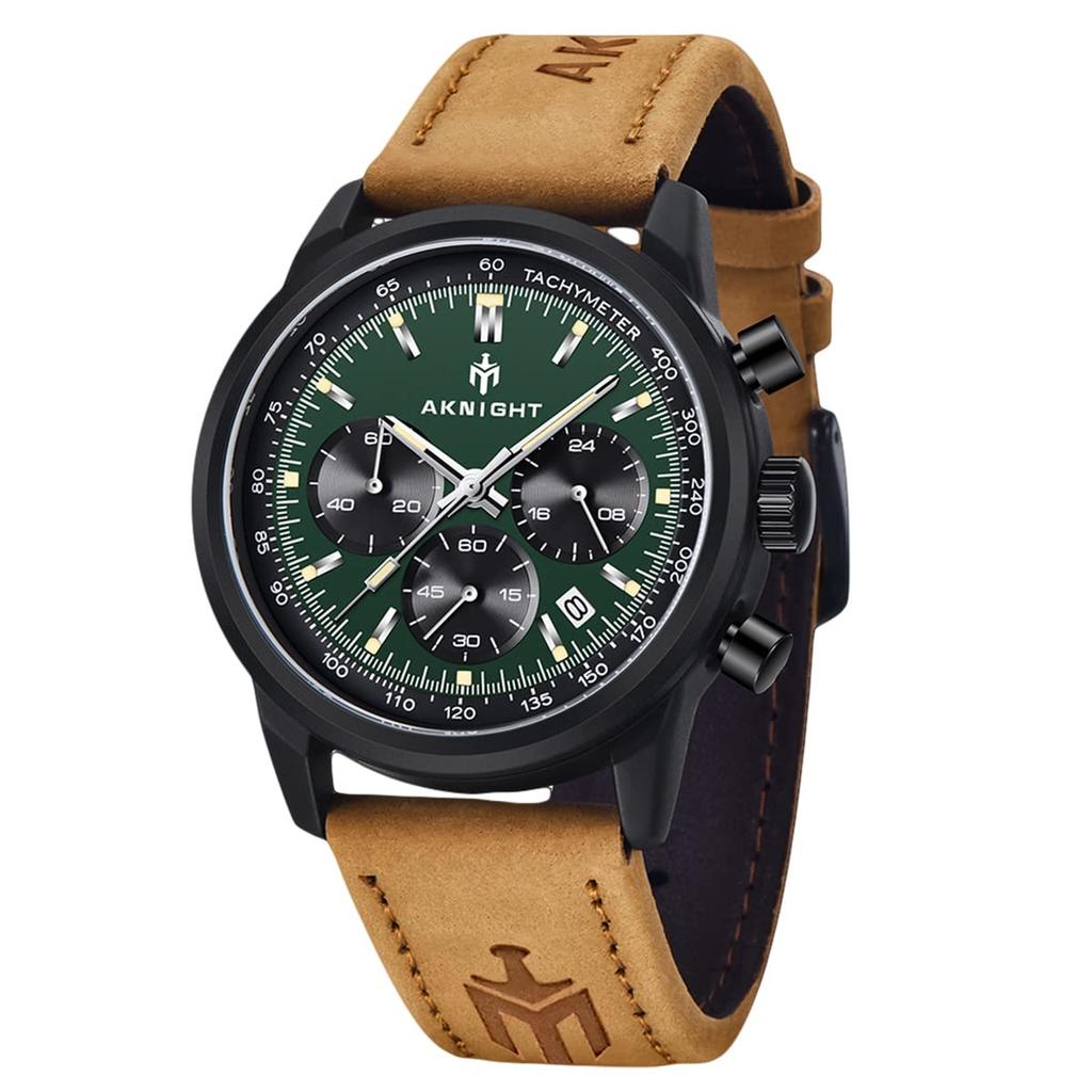AKNIGHT Natural Leather Easy To Arm Men for Japanese Instruction Manual Men's Watch, Fashionable, Popular, Quartz, Strap, Chronograph, Crystal, See,