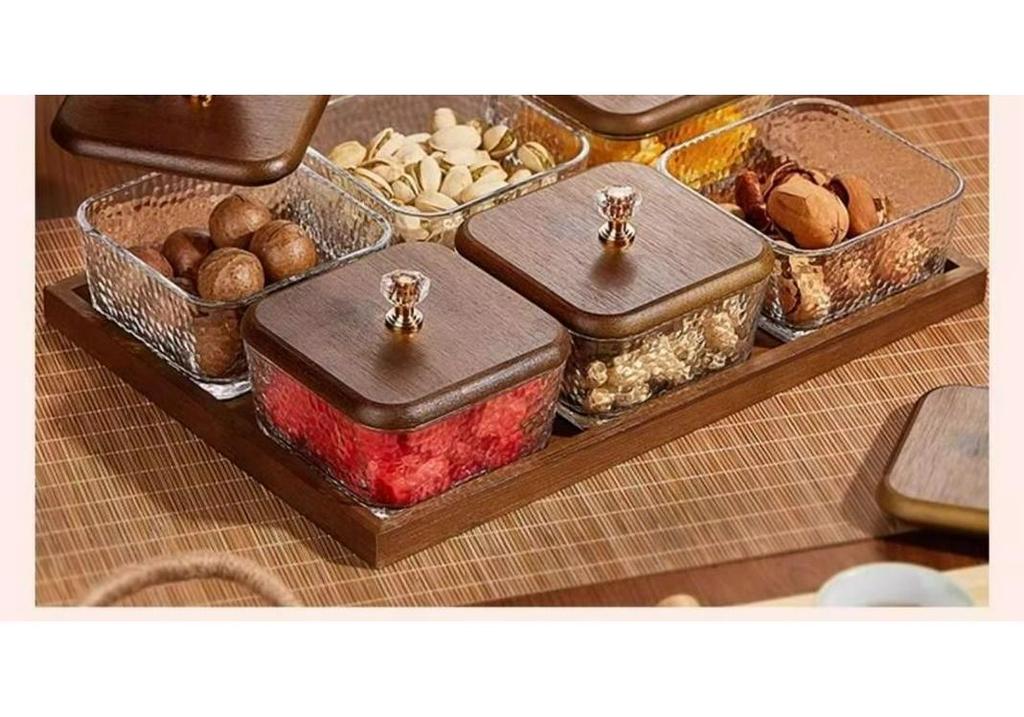 Walnut Luxury Glass Fruit Plate with Lid: Snack, Candy, and Dried Fruit Box for Living Room