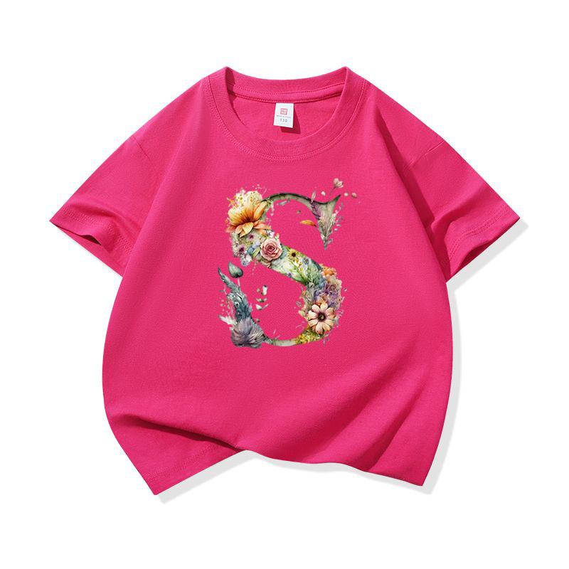 Kids Cotton T Shirt Floral Letter S Print Crew Neck Short Sleeve Tee Casual Boys Girls Summer Tops