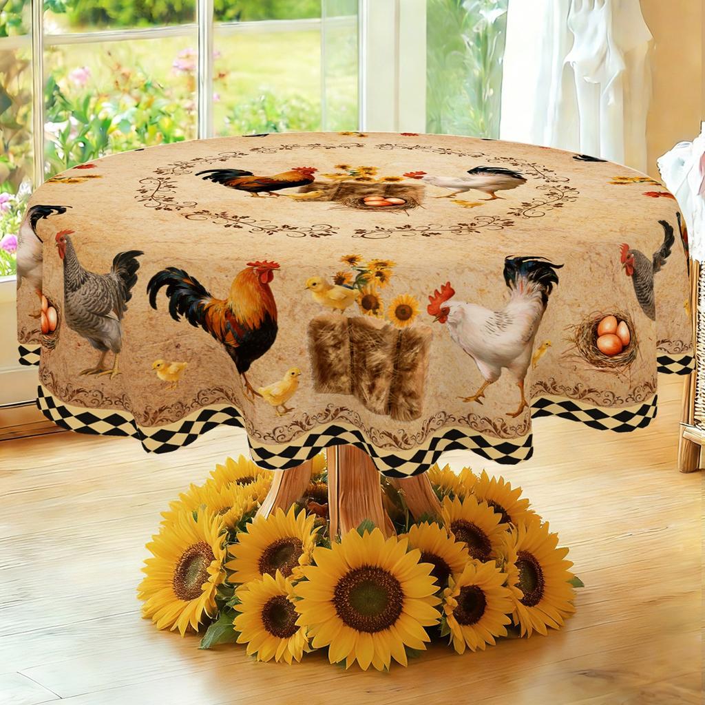 1pc Rooster Table Cover Rustic Chicken Sunflower Design Round Polyester Tablecloth for Farmhouse Kitchen Table Decorations