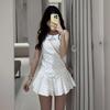 French Style Temperament White Polka Dot Doll Collar Vest Dress Women Small Waist Thin Pleated Short Skirt