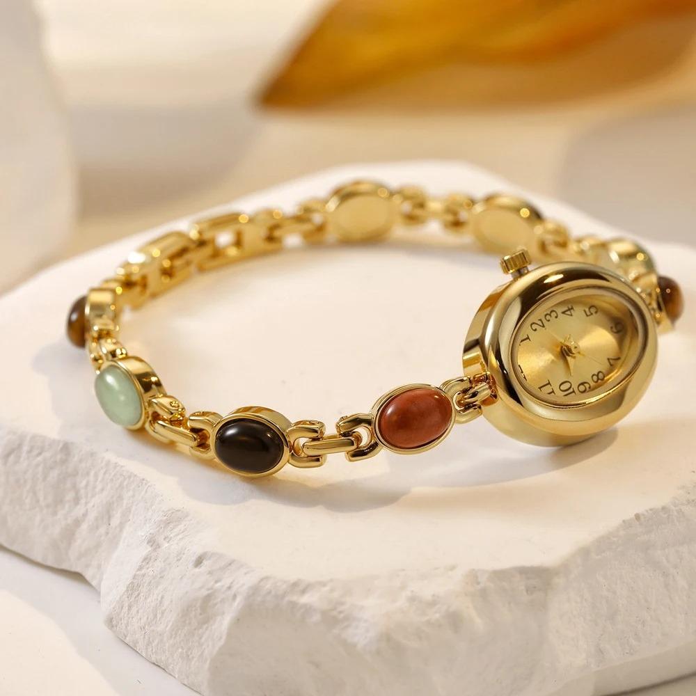 Women's Vintage Colorful Jade Bracelet Wristwatches Clock Oval Dial Quartz Waterproof Watch