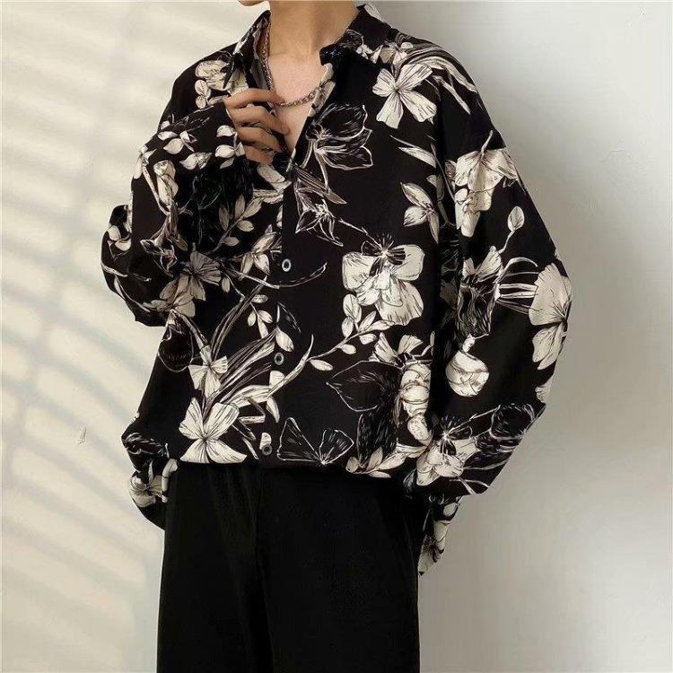 Retro Hong Kong Style Men's Floral Shirt Casual All-Match Jacket Japanese Korean Style Trendy Spring Autumn Fashion