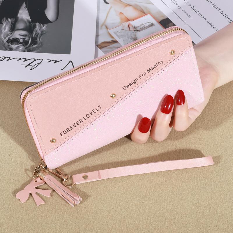 New Long Women's Zipper Wallet - Korean Splicing, Color Contrast, Tassel, and Rivet Details