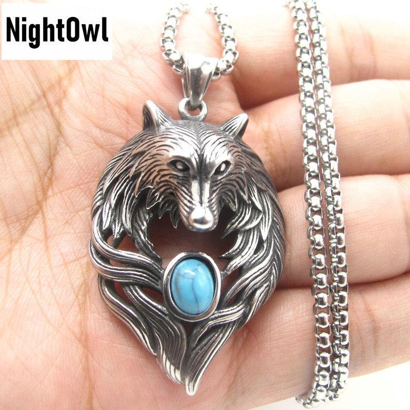 

Cool Mens Stainless Steel Turquoise Wolf Head Pendant Necklace For Men Women