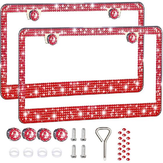 2 Pack License Plate Frames For Women, Sparkly Rhinestone Diamond Car Accessories With Glitter Crystal Caps (Purple (2PCS))