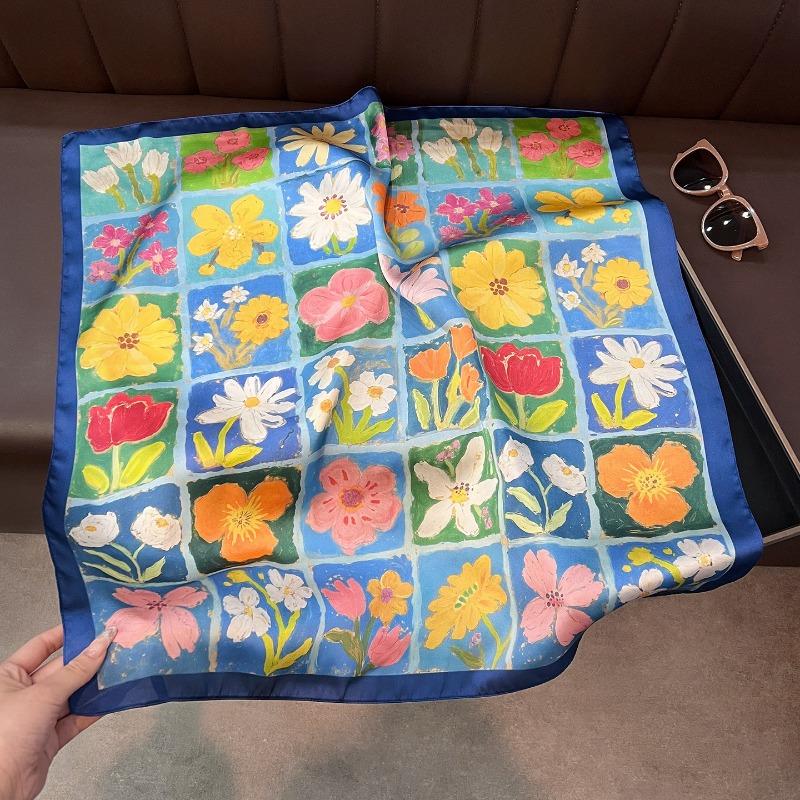 Vintage French Style Oil Painting Flower Silk Scarf Elegant Women Neck Scarf