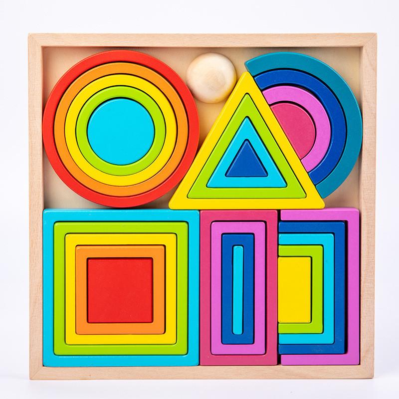 Wooden Geometric Rainbow Blocks For Toddler Learning Cognitive Development Set