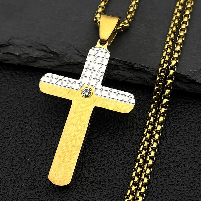 Texture Cross Pendant Necklace for Men Women Stainless Steel Gold Silver Color Christian Rhinestone Chain Amulet Jewelry Gift
