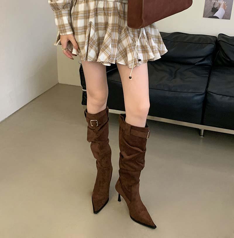 Sexy pointed suede pleated piled boots women's high heel fashion belt buckle tall thin boots thin heel European and American boots