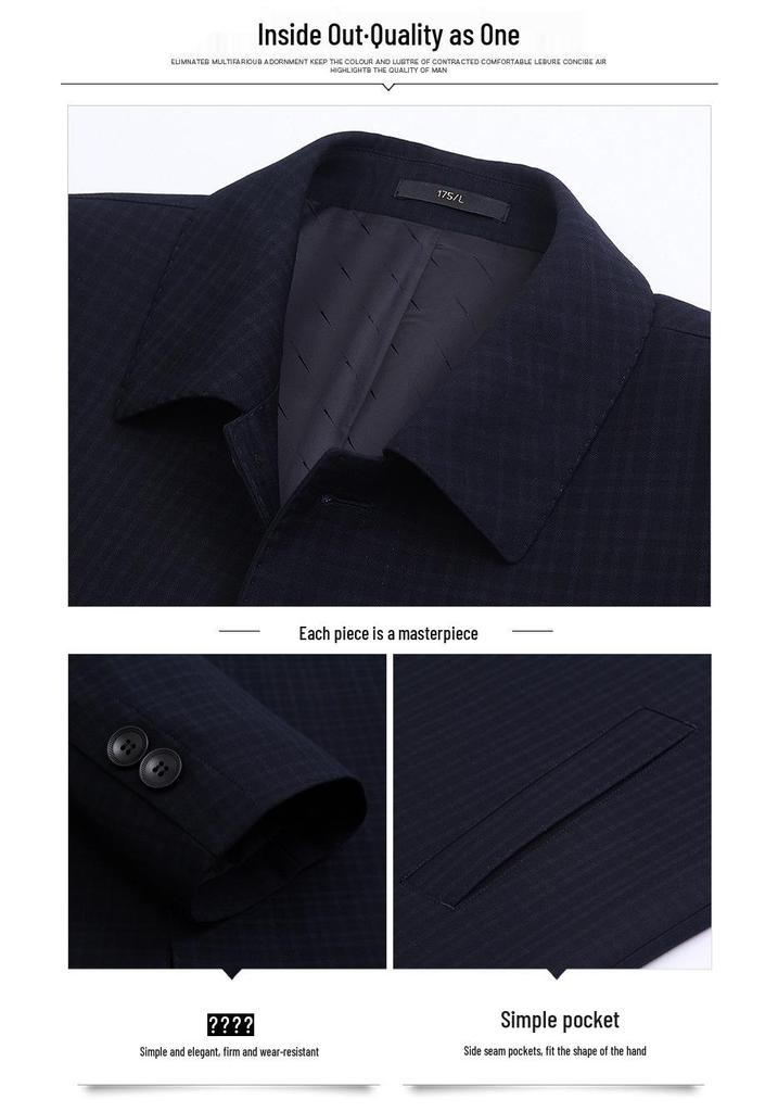 Men's High-End Wool Plaid Jacket - Lapel Top for Middle-Aged Dads, Spring/Autumn Casual Outerwear
