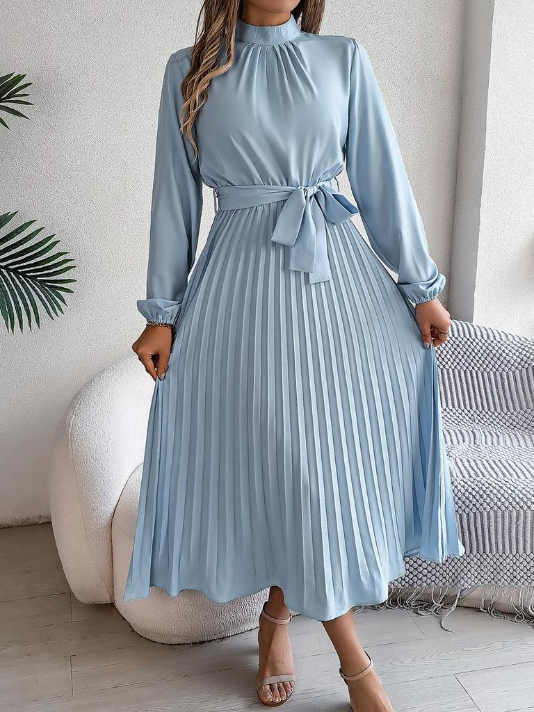 Fall Elegant Stand Collar Long Sleeve Ruched Waist A-Line Dress Women's Formal Wear