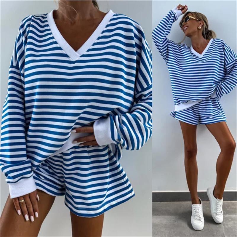 New Summer Women's Casual Striped Lounge Set Long Sleeve V-Neck Loose Top with Sports Shorts 2-Piece