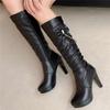 Autumn Winter Zipper Knee High Boots Women Fashion White Stiletto Heel Long Boots Bow Chain Bead Shoes Large Size 32-43 Black