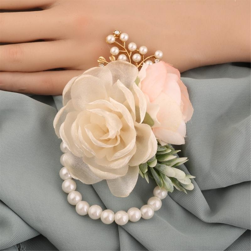 Elegante Corsage da Matrimonio Fiore da Polso Perle Per Sposa Damigella d'Onore Sposo Evento Formale Fiorato in Seta Bottoniera Accesso