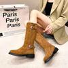 Belt buckle thick heel western cowboy boots women's 2025 new autumn and winter retro color matching boots tall knight boots