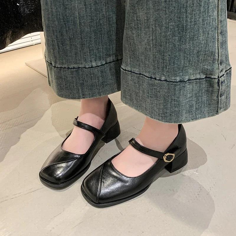 Design Office Lady Pumps Shoes Casual Thick Heel Buckle 2025 Spring Autumn Female Square Toe Mary Jane Shoes
