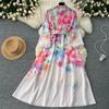 Spring Autumn Women Vintage Print Single Breasted Long Maxi Party Dresses With Belt
