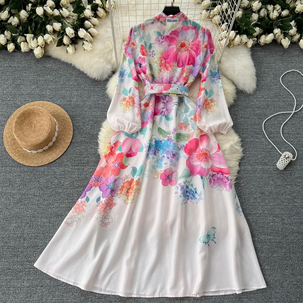 Spring Autumn Women Vintage Print Single Breasted Long Maxi Party Dresses With Belt