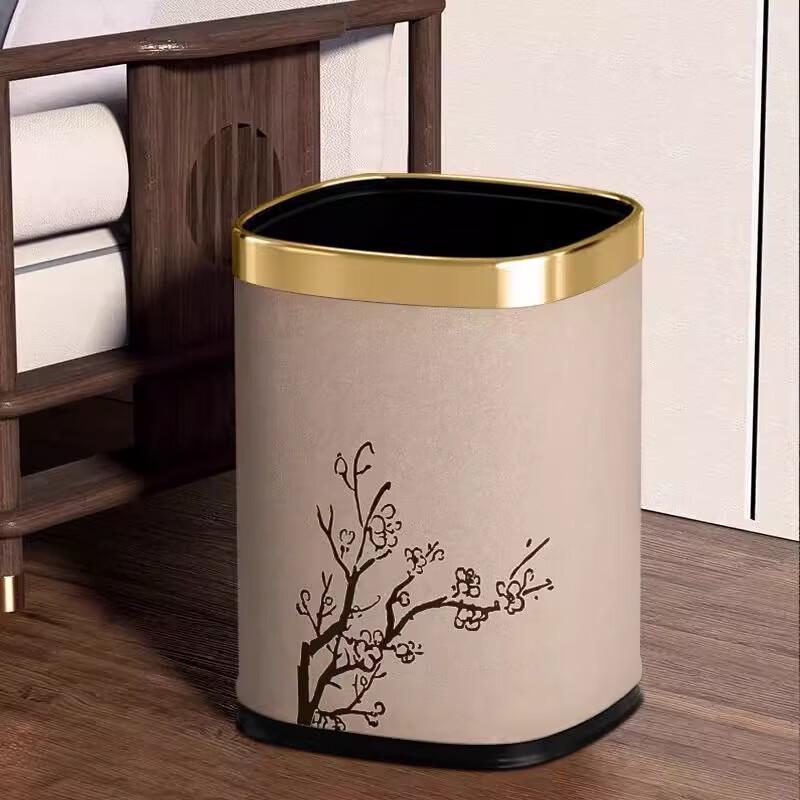 XuanYong Chinese Style Leather Wood Grain Trash Can