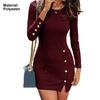 Women Dress Solid Color Buttons Autumn Winter Elegant Slit Hem Dress for Party