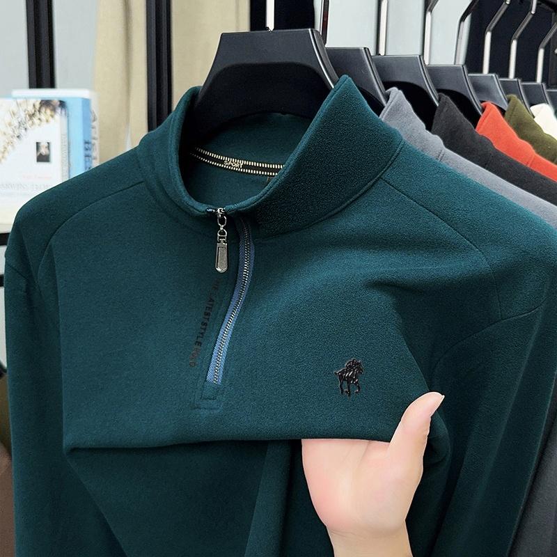 Men's Semi High Neck Zipper Long Sleeve T-Shirt Winter Solid Color Print Warm Fashion Casual Commute Men'swear