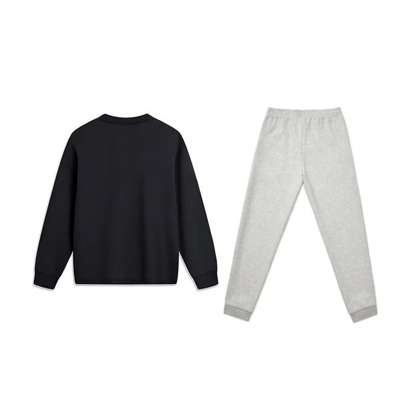 Li Ning Solid Color Simple Loose Breathable Versatile Round Neck Pullover Long Sleeve T-Shirt Casual Sports Set Unisex Tops Black YTLU051-1+AKLVB11-1