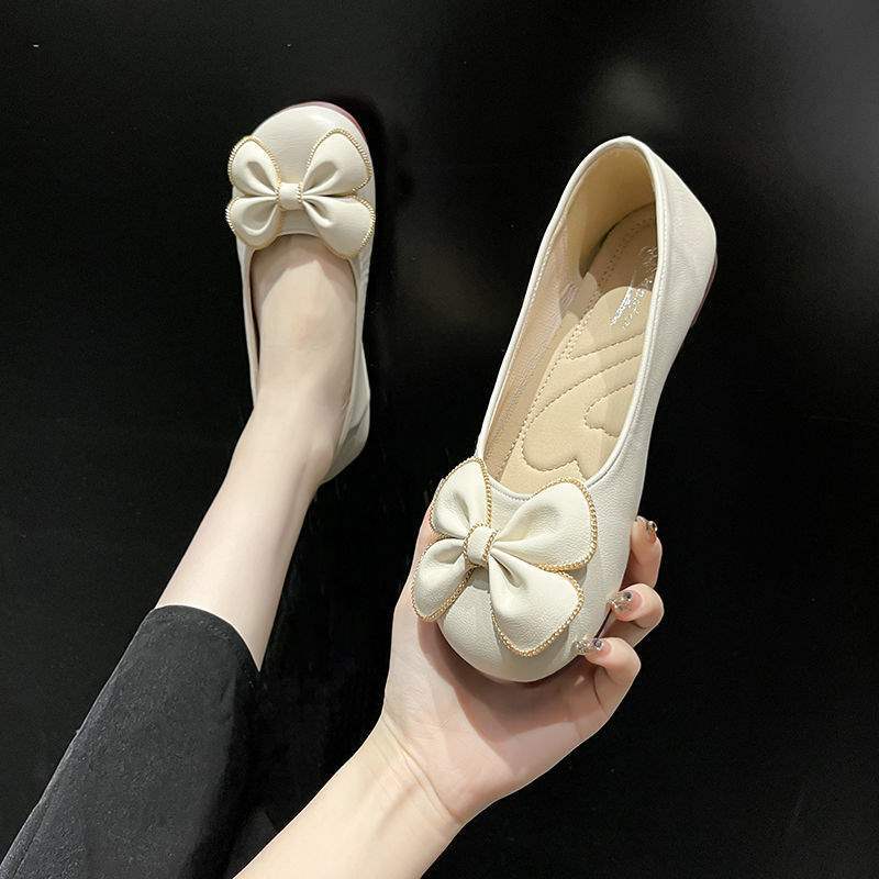 Bow-tie Shallow-mouth Doudou Shoes, One-pedal Soft-soled Soft Leather with Skirt, Single Shoes, Ladyshoes In Spring and Autumn