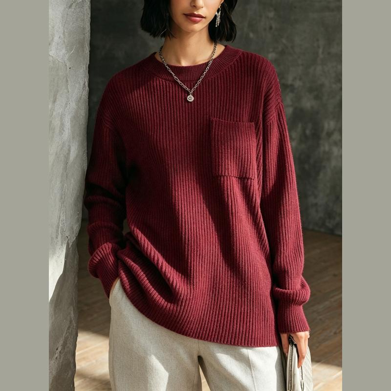 Ladies Long Sleeve Round Neck Knitted Sweater with Pocket Lazy Style Cotton Blend Comfortable Fit Autumn Winter Arrival