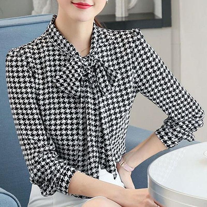 2023 Summer Fashion Houndstooth Print Pullovers Shirt Elegant Vintage 3/4 Sleeve Scarf Collar All-match Blouse Women's Clothing