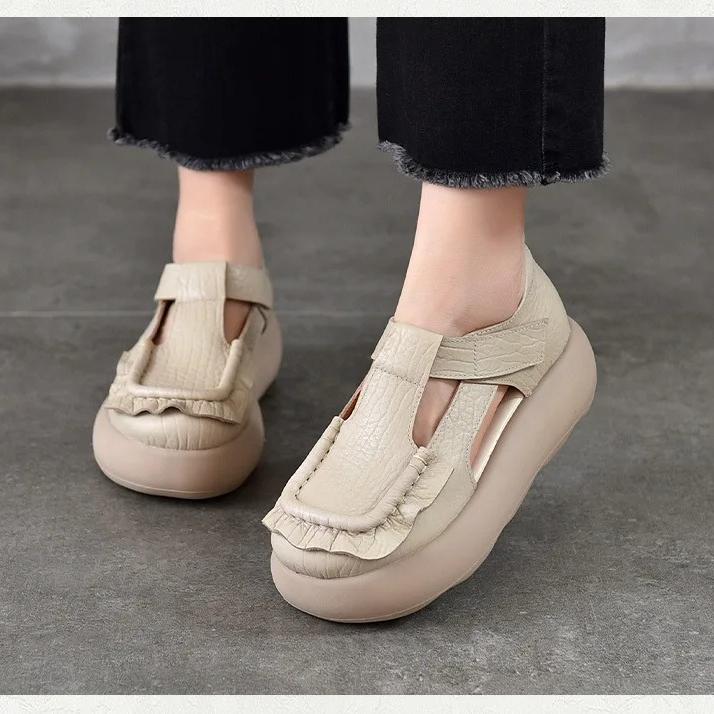 Johnature Retro Genuine Leather Roman Sandals Comfortable And Versatile Round Toe Thick Soled Women's Shoes