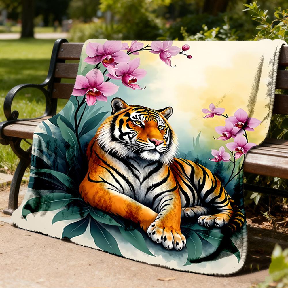 1pc Tiger Orchid Floral Pattern Print Outdoor Blanket, Lightweight Polyester,