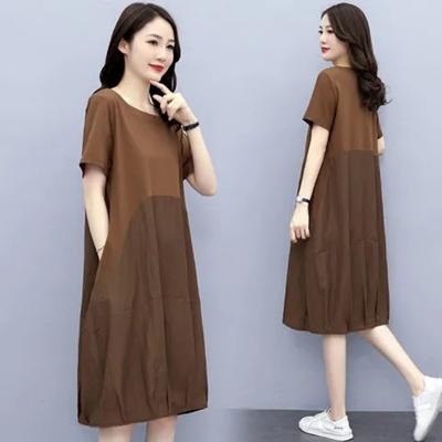 2023 Summer New Large Short Sleeve Round Neck Dress Women's Fat Mm Casual Loose Slim Contrast Color Skirt