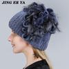 Winter Women's Warm Fashion Beanie Knitted Hat Real Rex Rabbit Fur Hat Knitted with Side Flower Russia Hat