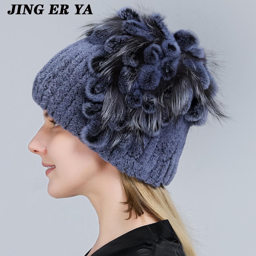 Winter Women's Warm Fashion Beanie Knitted Hat Real Rex Rabbit Fur Hat Knitted with Side Flower Russia Hat