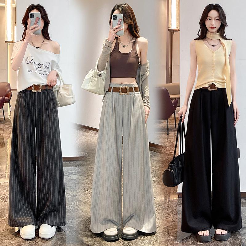 Women's High-Waisted Striped Wide-Leg Pants with Belt - Casual, Loose, Floor-Length Style