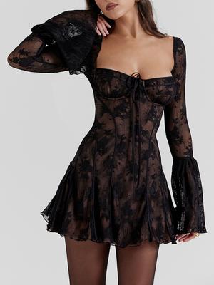 Elegantes rückenfreies einteiliges Kleid für Damen, sexy Langarm-Abendparty-Minikleider, weiblich, koreanische Mode, quadratischer Kragen, A-Linie, Club, hübsches Kleid 2024